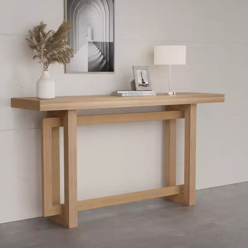 Consolle Minimalista Stretta da 150 cm con Design Unico delle Gambe, Piano Spesso, Tavolino d'Appoggio per Soggiorno, Ingresso, Rovere