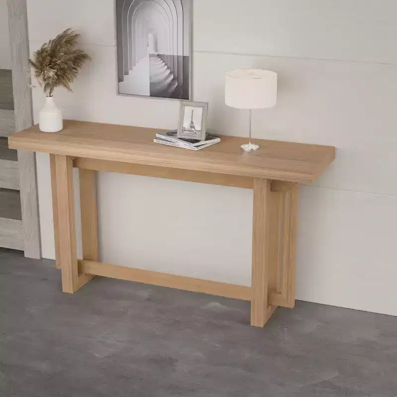 Consolle Minimalista Stretta da 150 cm con Design Unico delle Gambe, Piano Spesso, Tavolino d'Appoggio per Soggiorno, Ingresso, Rovere