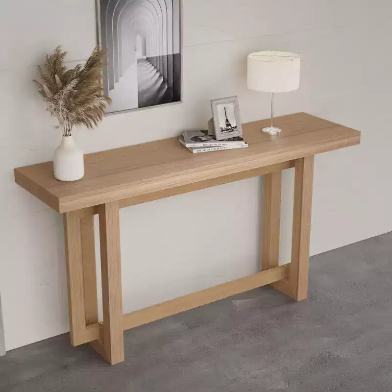 Consolle Minimalista Stretta da 150 cm con Design Unico delle Gambe, Piano Spesso, Tavolino d'Appoggio per Soggiorno, Ingresso, Rovere