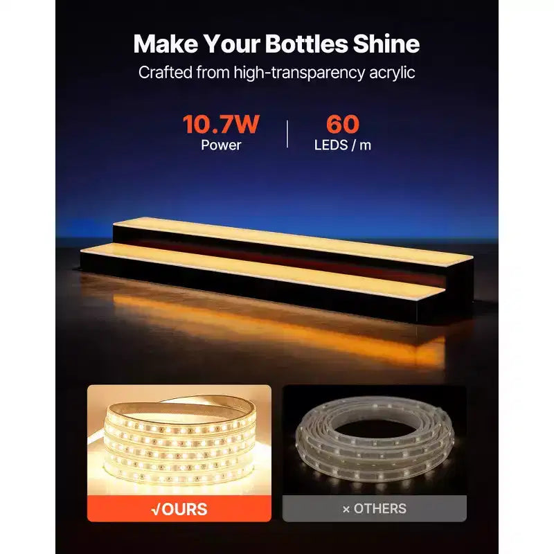 Espositore per bottiglie di liquore con LED, a 2 livelli 40 pollici, mensola illuminata in acrilico per bar di casa con telecomando RF e controllo tramite app, Nero+Bianco
