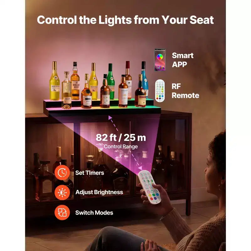 Espositore per bottiglie di liquore con LED, a 2 livelli 40 pollici, mensola illuminata in acrilico per bar di casa con telecomando RF e controllo tramite app, Nero+Bianco