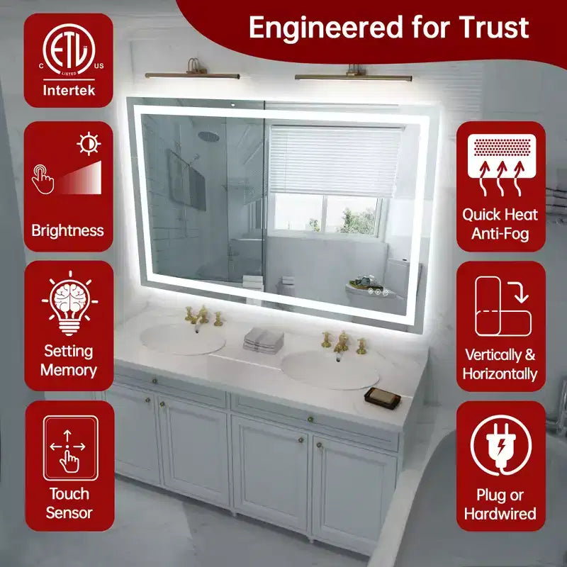 Specchio da bagno da parete 48x32 antisfondamento, specchio da bagno Smart LED con illuminazione anti-appannamento e certificazione ETL