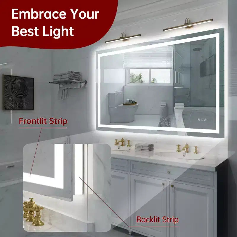 Specchio da bagno da parete 48x32 antisfondamento, specchio da bagno Smart LED con illuminazione anti-appannamento e certificazione ETL