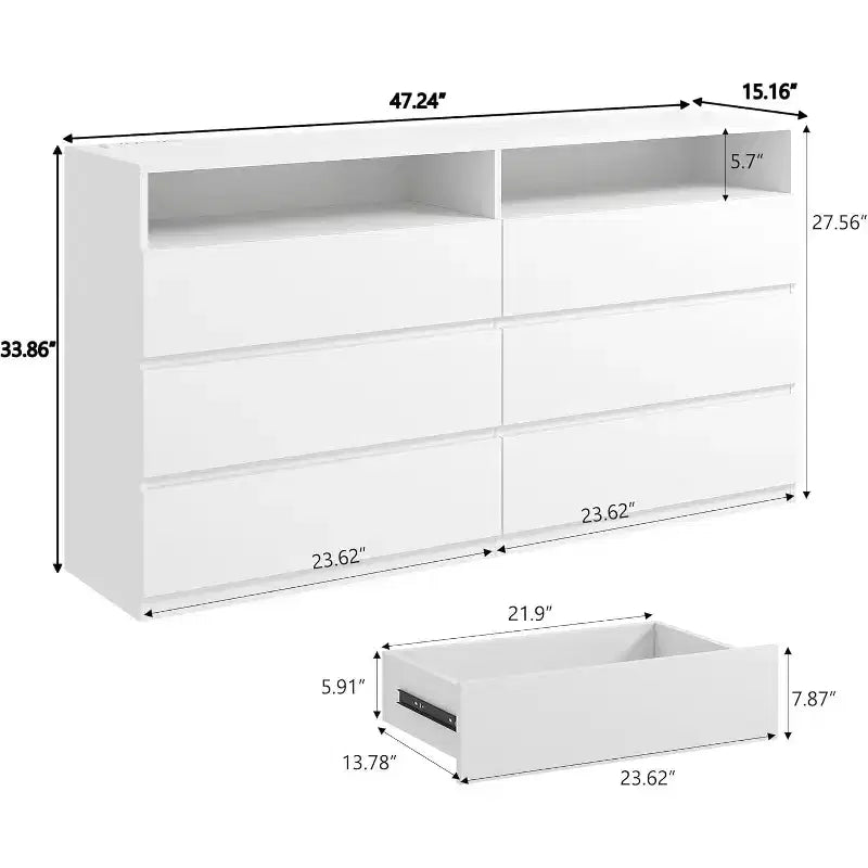 Cassettiera doppia a 6 cassetti con luci a LED, ampio mobile contenitore con ripiani aperti, bianco