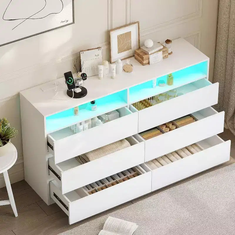 Cassettiera doppia a 6 cassetti con luci a LED, ampio mobile contenitore con ripiani aperti, bianco