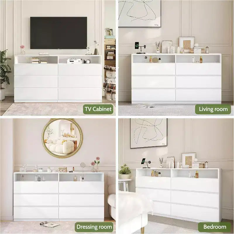 Cassettiera doppia a 6 cassetti con luci a LED, ampio mobile contenitore con ripiani aperti, bianco