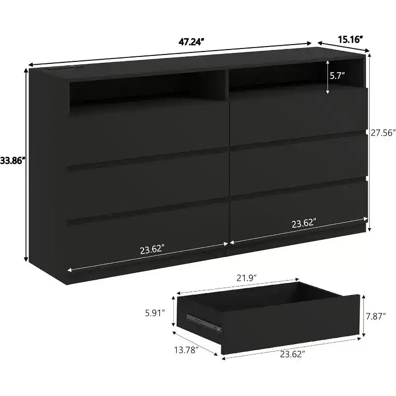 Cassettiera doppia a 6 cassetti con luci a LED, ampio mobile contenitore con ripiani aperti, bianco