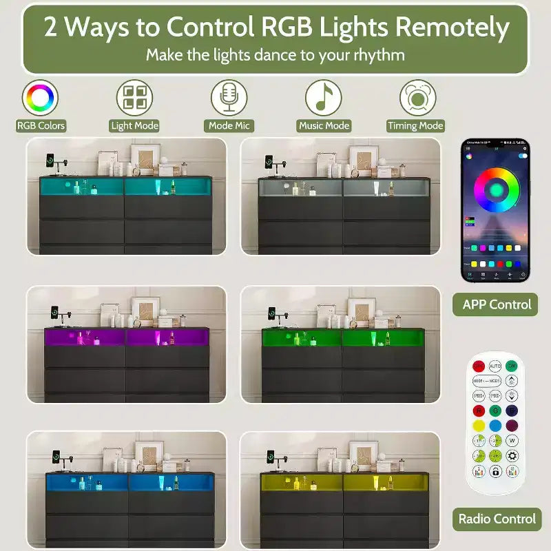 Cassettiera doppia a 6 cassetti con luci a LED, ampio mobile contenitore con ripiani aperti, bianco
