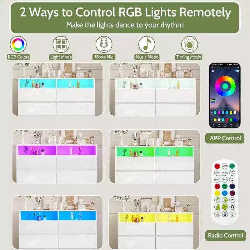 Cassettiera doppia a 6 cassetti con luci a LED, ampio mobile contenitore con ripiani aperti, bianco