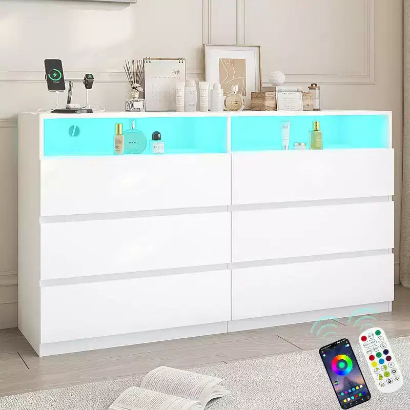 Cassettiera doppia a 6 cassetti con luci a LED, ampio mobile contenitore con ripiani aperti, bianco