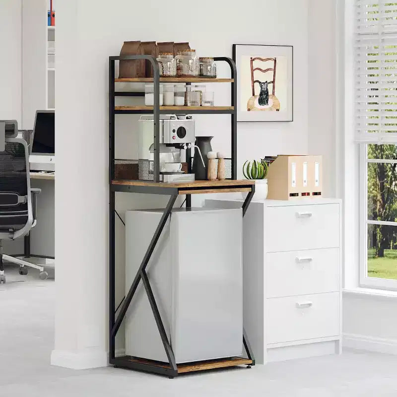 Mini Fridge Stand with Storage Shelf, Free-Standing Wooden Coffee Bar Cabinet with Power Outlet, Utility Microwave Stand, Coffee Bar Organizer