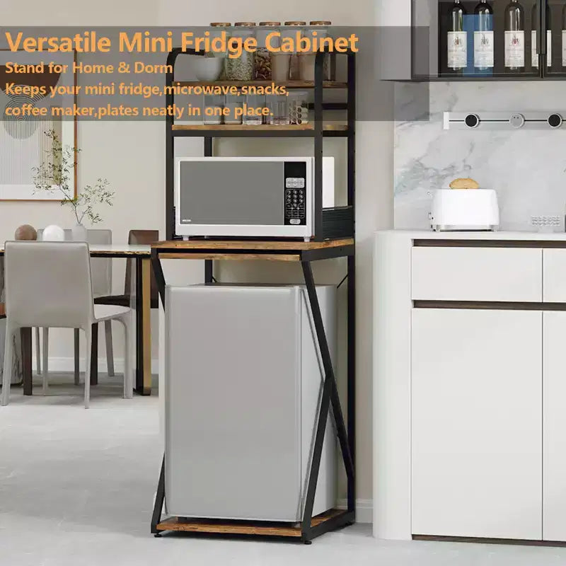 Supporto per mini frigo con ripiano portaoggetti, mobile bar in legno autoportante con presa di corrente, supporto per microonde, organizer per angolo caffè