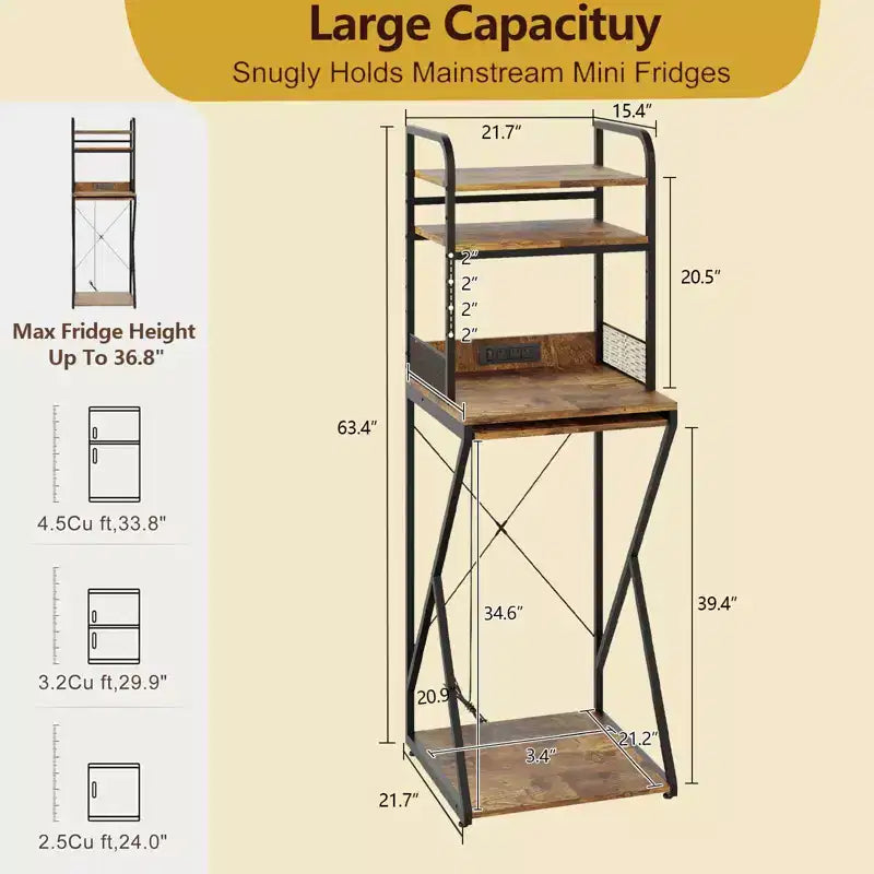 Supporto per mini frigo con ripiano portaoggetti, mobile bar in legno autoportante con presa di corrente, supporto per microonde, organizer per angolo caffè