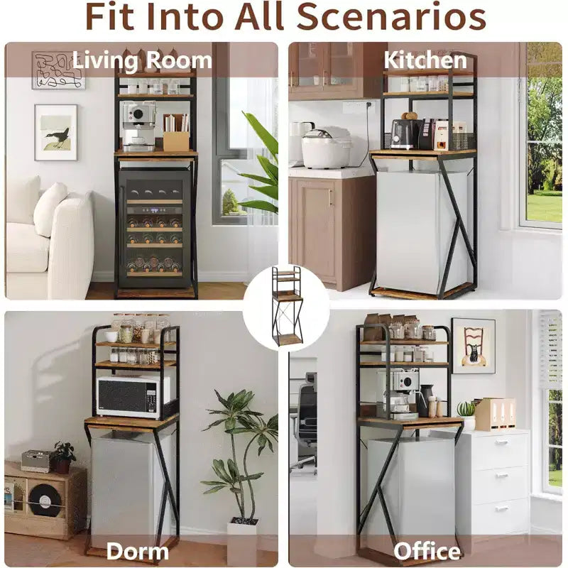 Supporto per mini frigo con ripiano portaoggetti, mobile bar in legno autoportante con presa di corrente, supporto per microonde, organizer per angolo caffè