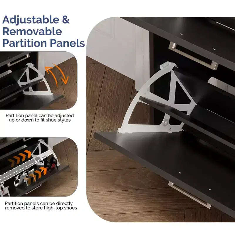 Mobile scarpiera da 42" di larghezza con 4 cassetti a ribalta e top piatto, con maniglie in metallo argentato