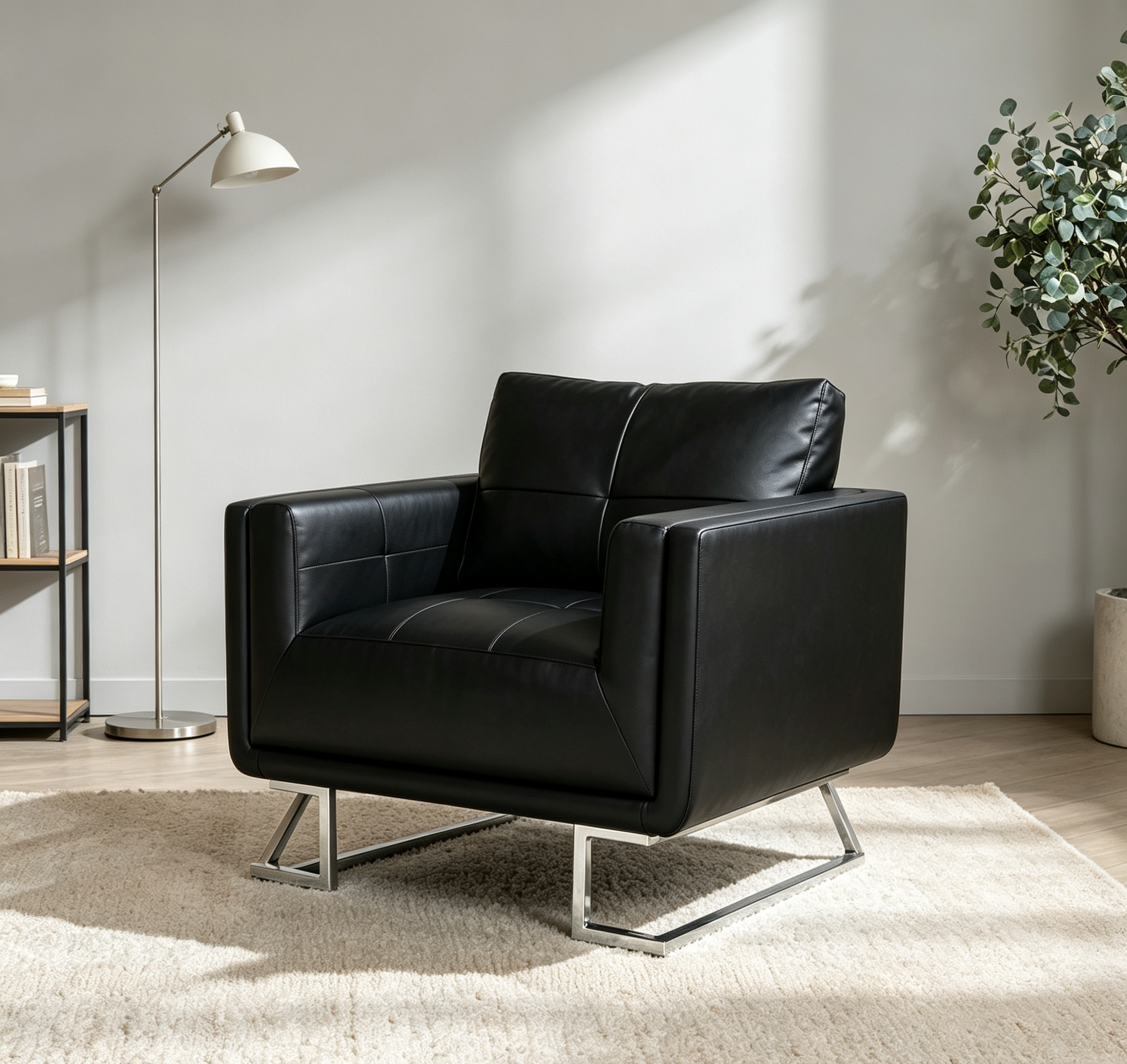 Poltrona moderna a cubo con piedini cromati, rivestita in pelle nera - Nera
