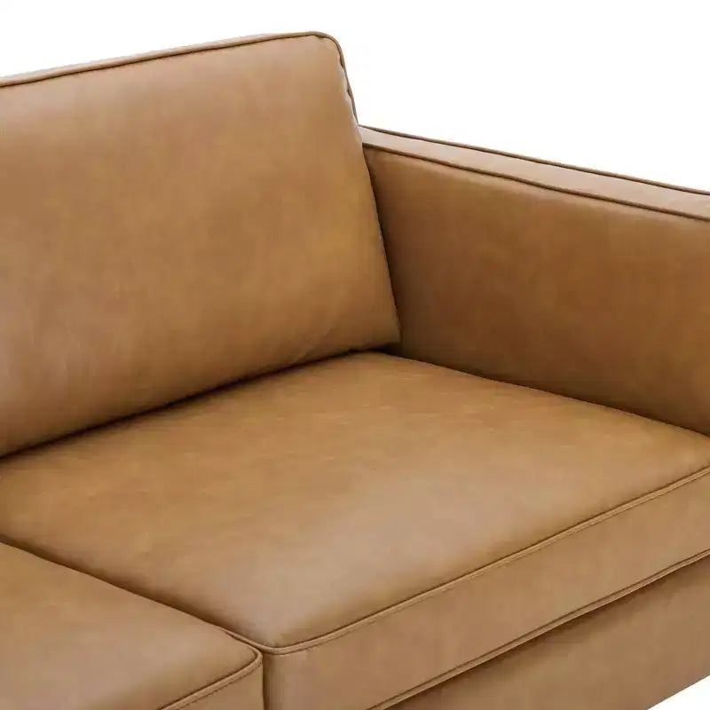 Divano in ecopelle, color cuoio - Design moderno di metà secolo, dettagli in metallo dorato, imbottitura in schiuma ad alta densità