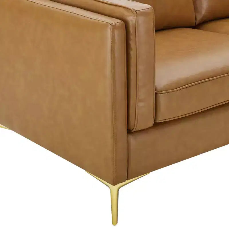 Divano in ecopelle, color cuoio - Design moderno di metà secolo, dettagli in metallo dorato, imbottitura in schiuma ad alta densità