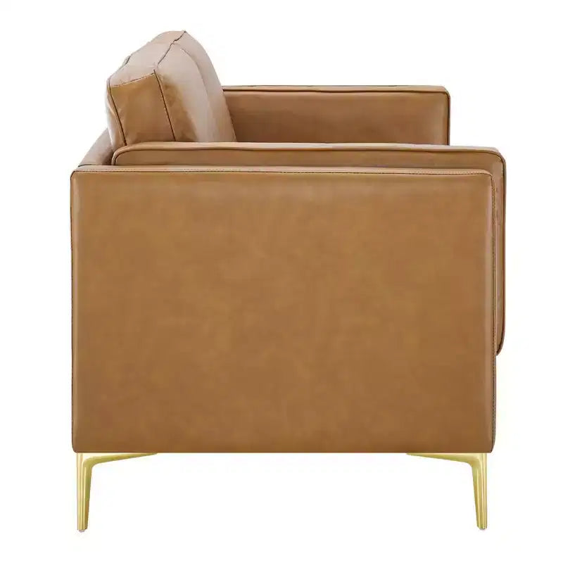 Divano in ecopelle, color cuoio - Design moderno di metà secolo, dettagli in metallo dorato, imbottitura in schiuma ad alta densità