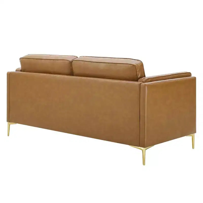 Divano in ecopelle, color cuoio - Design moderno di metà secolo, dettagli in metallo dorato, imbottitura in schiuma ad alta densità