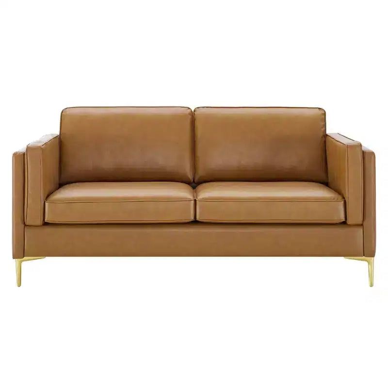 Divano in ecopelle, color cuoio - Design moderno di metà secolo, dettagli in metallo dorato, imbottitura in schiuma ad alta densità