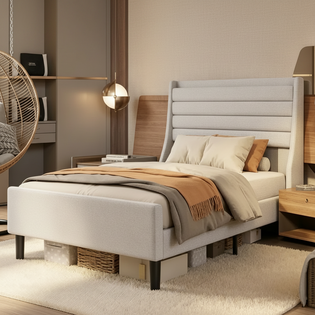 Struttura letto matrimoniale singolo moderna, comodo letto a piattaforma imbottito con doghe in legno, luci a LED e stazione di ricarica, non richiede rete a molle, facile da montare, beige