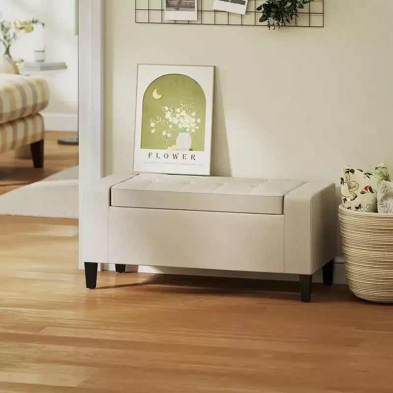 Panca Contenitore Ottomana in Lino, Parte Superiore Sollevabile, Ottomana Rettangolare Trapuntata per Soggiorno, Ingresso o Camera da Letto, Beige