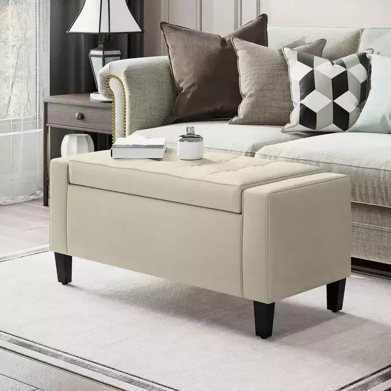 Panca Contenitore Ottomana in Lino, Parte Superiore Sollevabile, Ottomana Rettangolare Trapuntata per Soggiorno, Ingresso o Camera da Letto, Beige