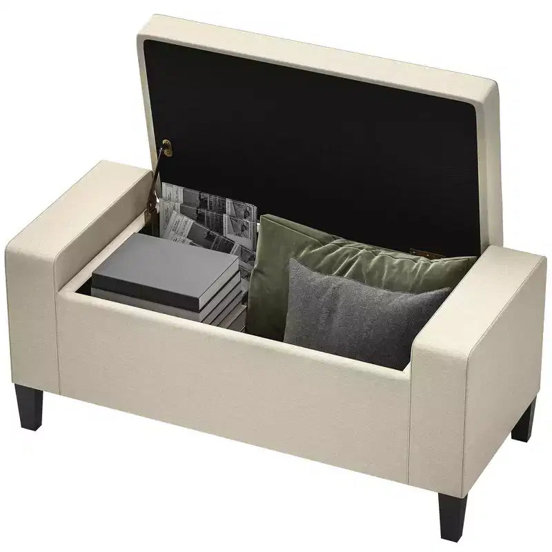 Panca Contenitore Ottomana in Lino, Parte Superiore Sollevabile, Ottomana Rettangolare Trapuntata per Soggiorno, Ingresso o Camera da Letto, Beige