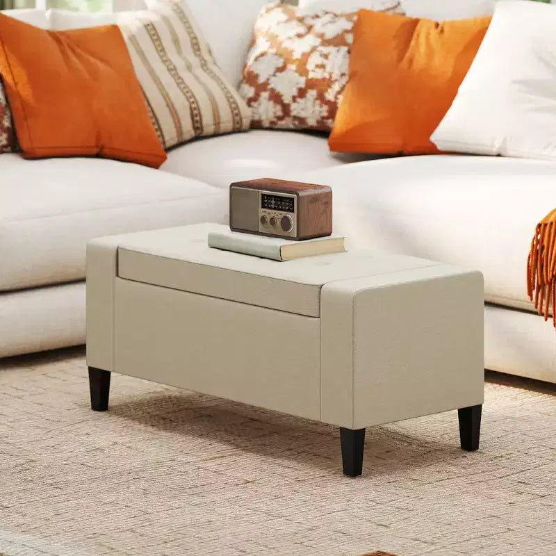 Panca Contenitore Ottomana in Lino, Parte Superiore Sollevabile, Ottomana Rettangolare Trapuntata per Soggiorno, Ingresso o Camera da Letto, Beige