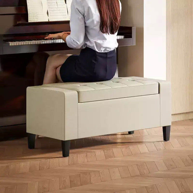 Panca Contenitore Ottomana in Lino, Parte Superiore Sollevabile, Ottomana Rettangolare Trapuntata per Soggiorno, Ingresso o Camera da Letto, Beige