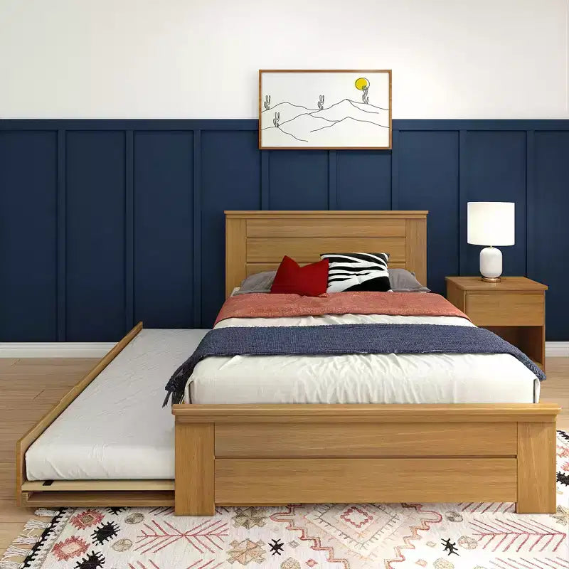 Struttura letto matrimoniale con letto estraibile, letto a piattaforma in legno massello