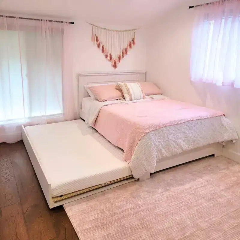 Struttura letto matrimoniale con letto estraibile, letto a piattaforma in legno massello
